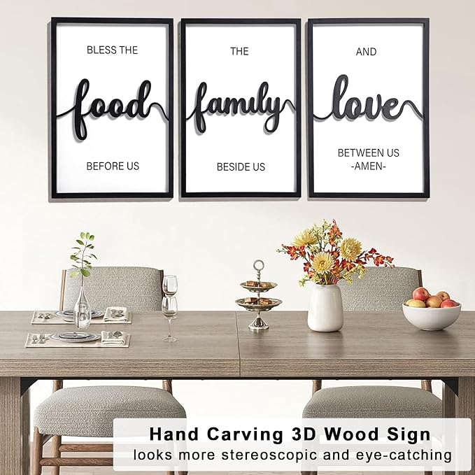 KIOSSUT 3D Wood Bless The Food Before Us Wall Decor, 48" x 24" Framed Kitchen Wall Art for Dining Room Wall Decor(Ready to Hang, 16x24 inches, Set of 3, Framed)