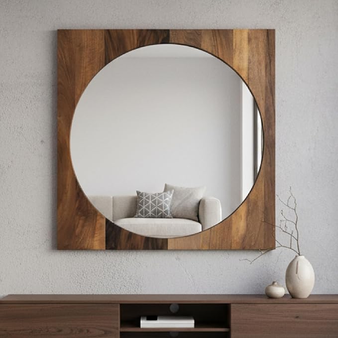 Walnut Wood Frame Round Mirror - 30" Wood Framed Mirror for Bathroom - Hallway Mirrors for Wall Entry - Mirrors for Entryway, Bedroom, Dining Room - Housewarming Gifts - Home Décor
