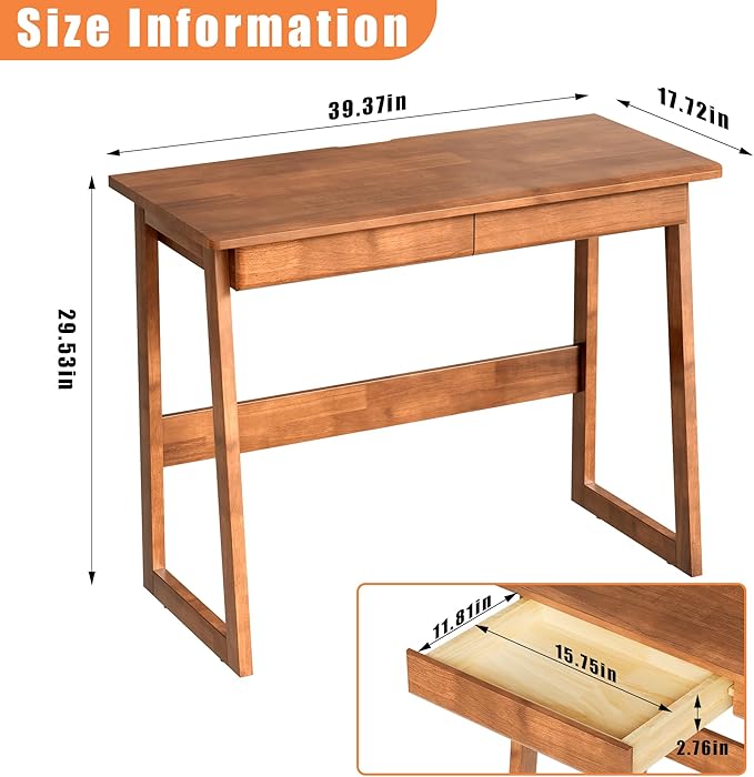 Solid Wooden Desk with Drawers - 39 x 18 Inch Narrow Desks for Small Spaces, Rubber Wood Study Table, Vintage Writing Desk with Drawers, Small Desks for Bedroom & Home - Walnut Color