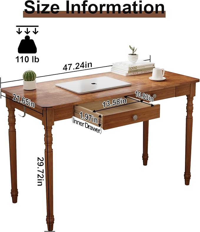 Mid Century Modern Desk, 47" Vintage Solid Wood Desk with 2 Drawers, Boho Writing Desk Computer Table for Home, Office, Bedroom, Living Room