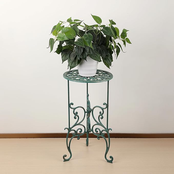 OwnMy Cast Iron Tall Plant Stand Heavy Duty Vintage Wrought Iron Flower Pot Holder, Decorative 1-Tier Potted Plant Holder Rack, Indoor Outdoor Large Metal Plant Stand for Patio Garden, Antique Green