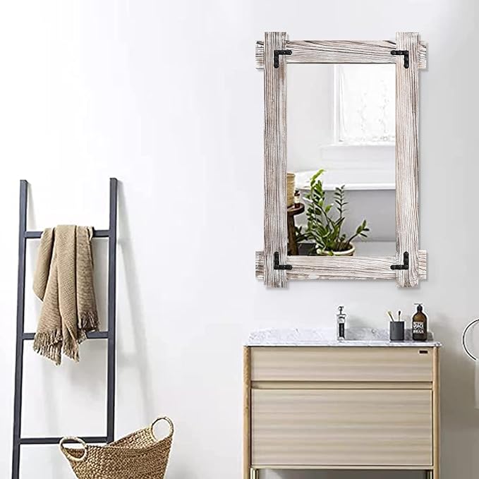 MeMoreCool Farmhouse Rustic Wood Framed Bathroom Mirror, Decorative Wall Mounted Rectangular Mirror for Bedroom, Living Room, or Bathroom, 24x36 Inch, White