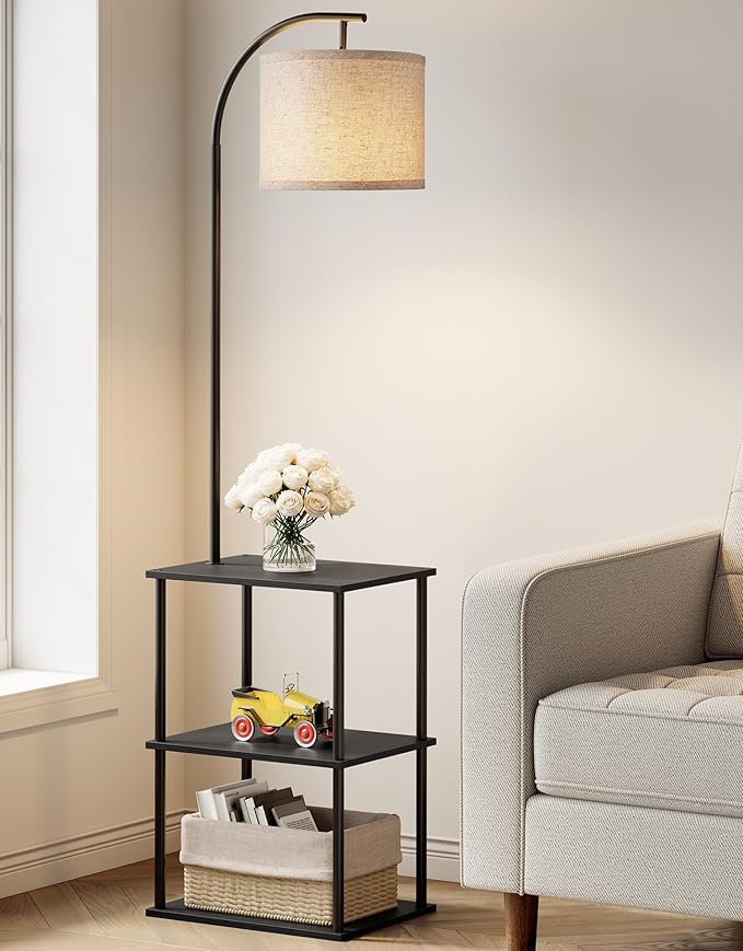PARTPHONER Floor Lamp with Table, Night Stand with Lamp, Narrow Side Table with 3CCT LED Bulb, Small Coffee Table, Modern End Table with Storage Shelves for Living Room Bedroom Home Décor, Black