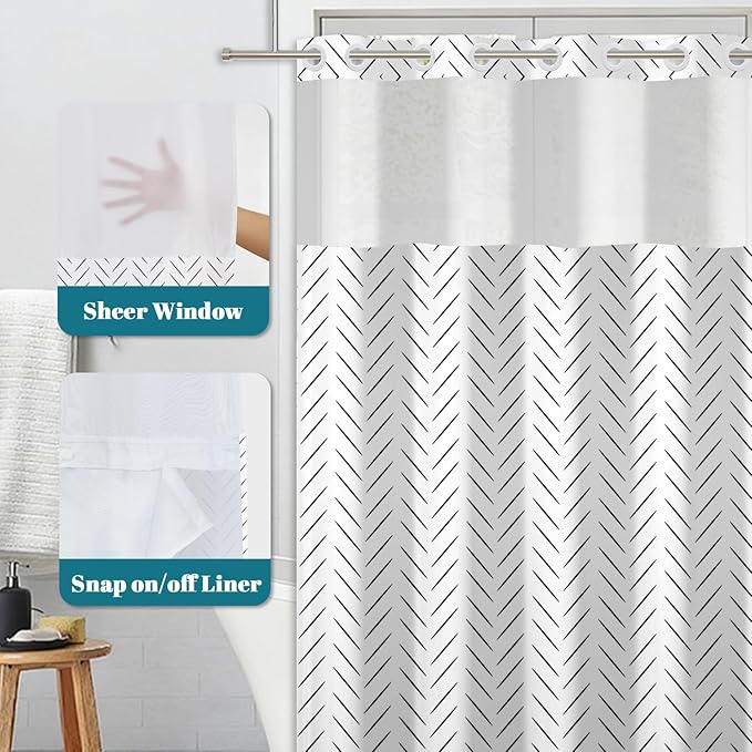 No Hook Shower Curtain with Snap in Liner, Minimalist Black and White Herringbone Geometric Shower Curtains for Modern Neutral Bathroom, Waterproof Bath Curtain with Mesh Top, 71x74 Inch
