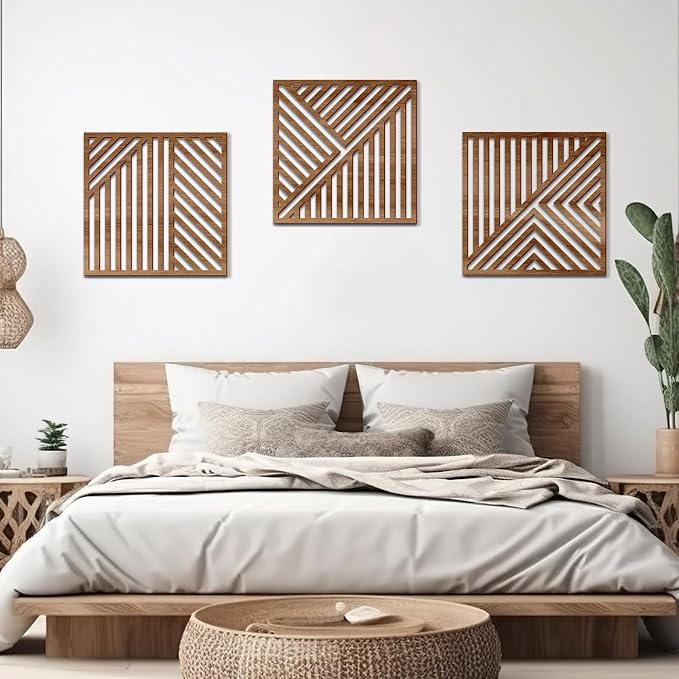 Bnesi 3 Piece Abstract Geometric Wood Wall Art Decor Modern Boho Minimalist Slatted Design Wall Sculpture Art Decor for Living Room Bedroom Home Bathroom (Classic, Medium)