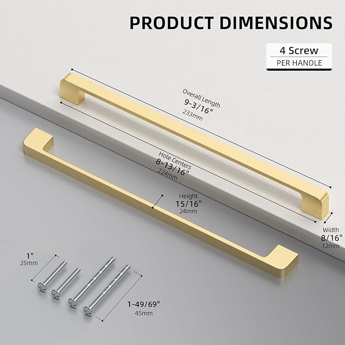 10 Pack 8-13/16 Inch Brushed Gold Cabinet Pulls Solid Zinc Alloy Gold Cabinet Handles - Brushed Brass Dresser Drawer Pulls for Kitchen Cabinet Hardware Zinc Alloy Handles