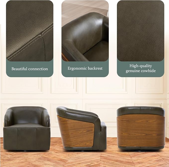 Genuine Leather Swivel Accent Chair Swivel Barrel Chair Comfortable Mid Century Modern Chair Upholstered Metal Base Armchair for Living Room Bedroom Office Large Olive Green