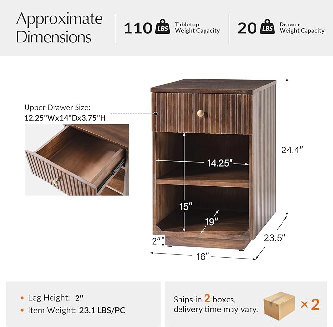 HULALA HOME Mid-Century Modern End Table with Drawer and Open Shelves, Solid Paulownia Wood Side Table, Brass Knob, No Assembly Required(Set of 2, Walnut)