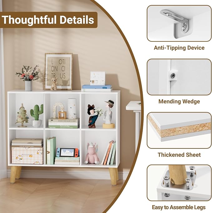 6 Cube Storage Organizer with Legs, 2 Tier Cube Low Bookcase Freestanding Storage Display Organizer for Home Office, Six-Cubes Open Shelf Bookshelf (White, 6 Cube Horizontal)