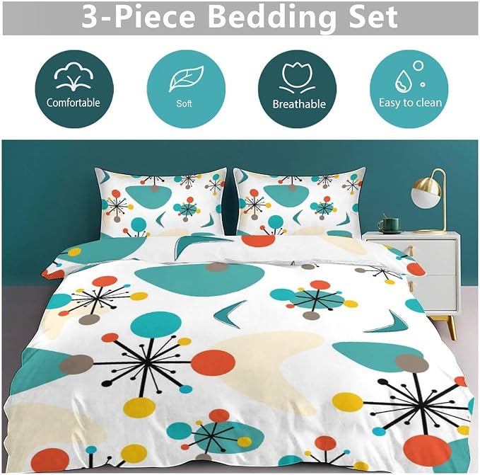 Mid Century Bedding Set,1950s 1960s Vintage Atomic Abstract Green Geometric Pattern Comforter Set with Pillowcase for Bedroom Bed Decor，Twin 86"x70"