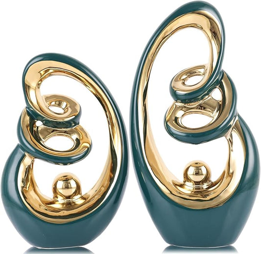 Teal Ceramic Abstract Sculpture Statue,Mid Century Modern Gold Accent Decor,Porcelain Statues Art Deco Gold Show Piece for Home - Contemporary Tv Stand End Table Centerpieces (Green Gold)
