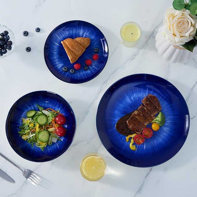 Bestone 12 Piece Round Kitchen Dinnerware Sets,Plates and Bowls sets,Dishes, Plates, Bowls, Dish Set，Plates and Bowls,Service for 4, Chip Resistant Porcelain ，Starburst Turquoise Dark Blue