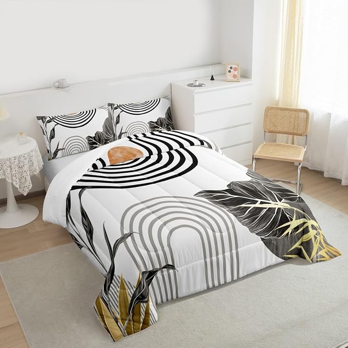 Erosebridal Modern Boho Queen Comforter Grey White Aesthetic Bedding Set Abstract Mid Century Bedding Simple Tropical Palm Leaf Duvet Insert 3Pcs Room Decor