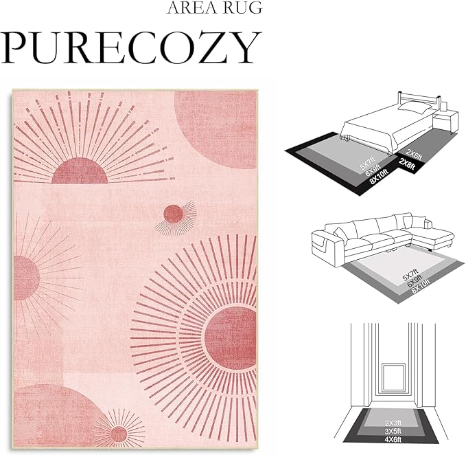 Large Area Rug 6x9 Sun Rug Living Room Mid Century Modern Rugs Machine Washable Boho Geometric Rug Non Slip Printed Low Pile Indoor Floor Carpet for Dining Room Bedroom Office,Pink