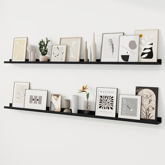 RICHFOCUS Picture Ledge Shelf, 72 inch Floating Shelves Set of 2, Wood Wall Shelves with Lip, Wall Decor Storage for Bedroom Living Room Bathroom Kitchen Nursery Photo Picture, Black