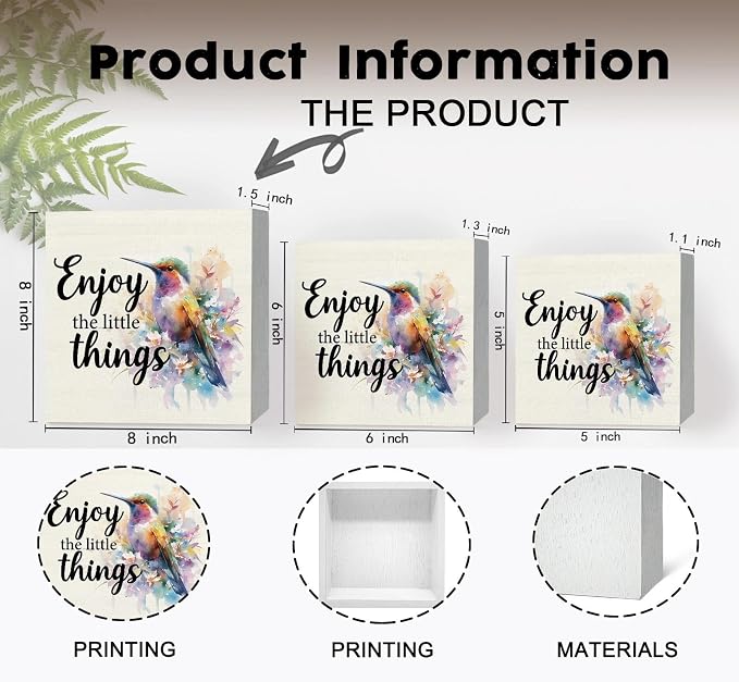 Hummingbird Decor - Hummingbird Gifts For Women, Inspirational Wooden Box Signs, Enjoy The Little Things Motivational Wood Decoration Home Decor For Desk Table Shelf 8x8 Inch Decorative Signs & Plaques