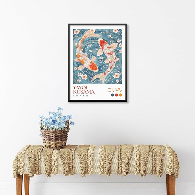 Light Blue Koi Fish Wall Art Japanese Yayoi Kusama Canvas Poster 12X16 inch Black Framed Modern Vintage Animal Aesthetic Paintings for Living Room Bedroom Dorm Wall Decor