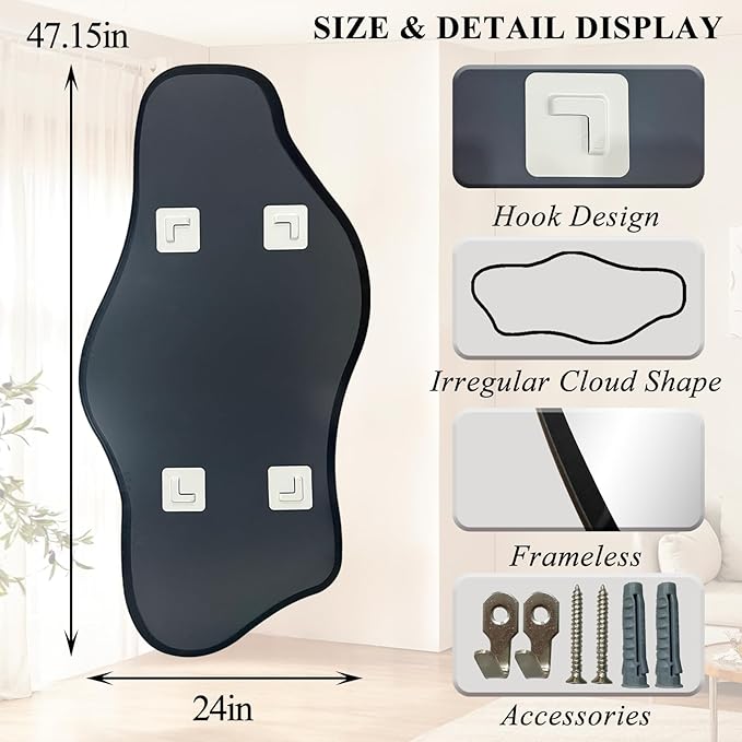 Irregular Wall Mirror, 47.5"x24" Asymmetrical Tempered Glass Mirrors, Modern Abstract Frameless Mirrors for Living Room Bathroom Bedroom Hallway Entryway Fireplace, Horizontal Or Vertical