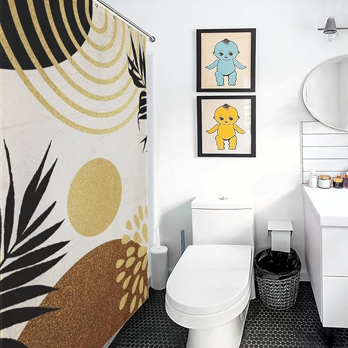 Boho Mid Century Shower Curtain Abstract Golden Dots Leaves Modern Geometric Minimalist Aesthetic Washable Waterproof Fabric for Bathroom Decor Bathtub with 12 Hooks 55x72in（140x183cm）