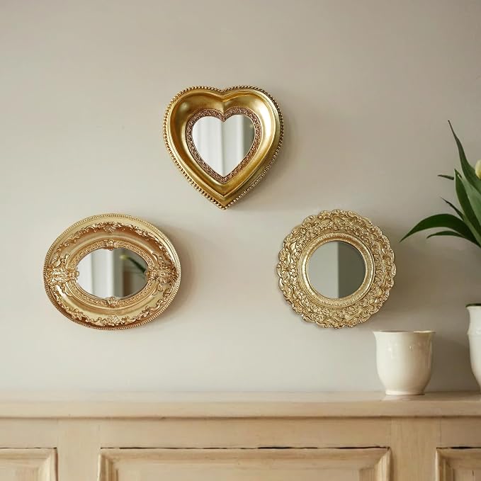 Golden Mini Vintage Mirror with Exquisite Relief Elegant Wall Decor for Bedroom Dresser Table Compact Resin Retro Design (Golden Oval, 4.7 X5.5)