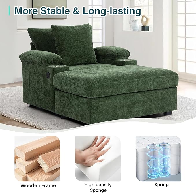 Oversized Chaise Lounge Chair with Ottoman and Cup Holders, Modern Sleeper Sofa with USB Charging Ports for Living Room and Bedroom, Convertible Small Sofa (Green)