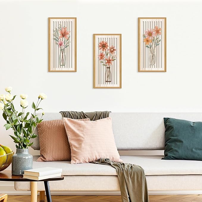 Celestdeco 3 Pcs Boho Flower Market Wall Decor Floral Botanical Modern Wood Wall Art Bohemian Floral Hanging Decor Abstract Minimalist Wooden Art for Living Room Bedroom Office 7.9 x15.8 Inch