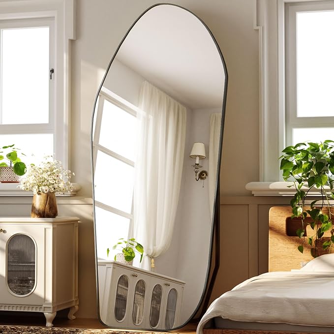 Full Length Floor Mirror - 76"x34" Irregular Diamond Shaped Full Body Mirror Aluminum Frame Floor Mirror Full Length for Bedroom Living Room Cloakroom Decor Black