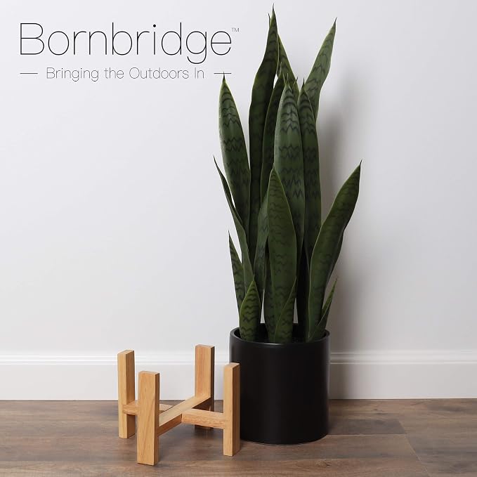 Bornbridge Artificial Snake Plant with Mid Century Plant Stand - Sansevieria Plant in Modern Planter - Artificial Plants with Indoor Plant Stand - Faux House Plants (Large / 2 Pack)