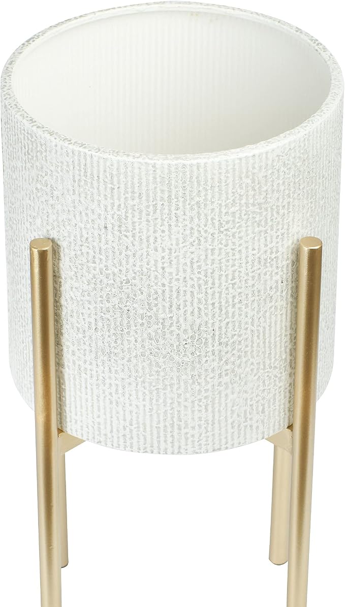 Main + Mesa Modern Boho Embossed Metal Planters with Stands, White and Gold, Set of 2 Sizes