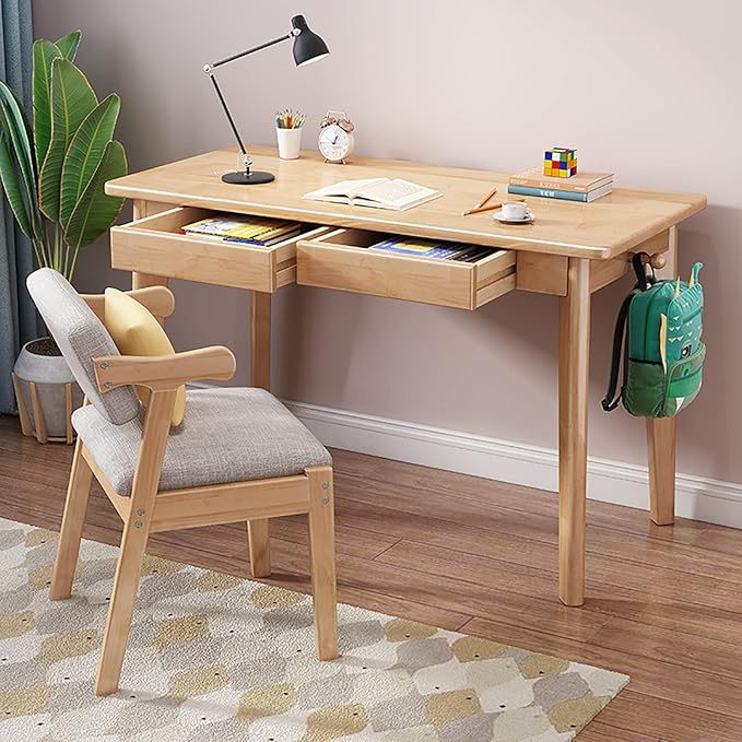 Solid Wood Writing Desk with Drawers,Mid-Century Modern Computer Desk Work Study Table,Simple Home Office Desk Workstation with Hook for Small Spaces(80x50x75cm(31x20x30inch), Wood)