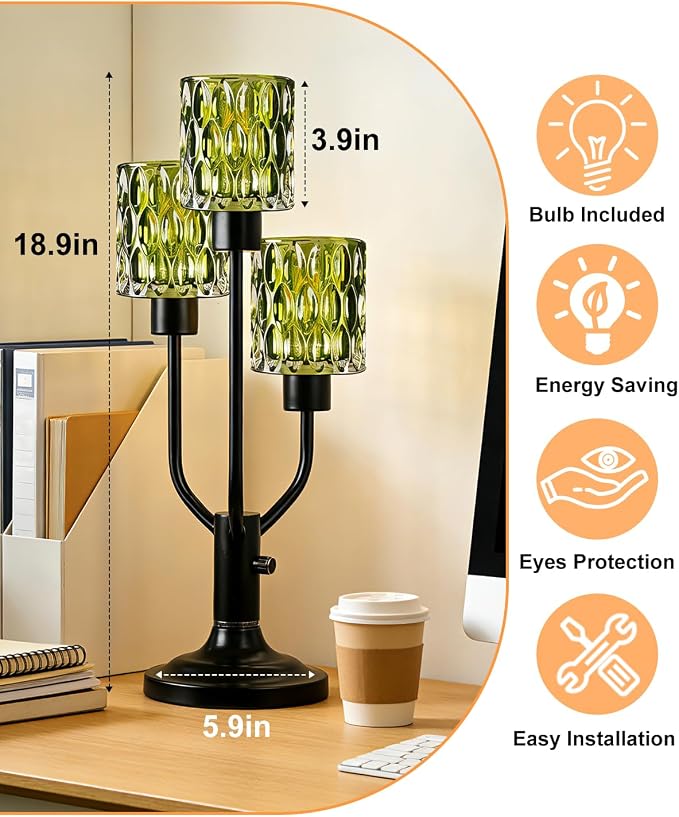 Lightdot Mid Century Modern Table Lamp for Living Room Dimmable Nightstand Lamp Black Vintage Desk Lamp Green Glass 3 Bulbs Included Warmwhite Ambient Bedside Lamp for Bedroom Home Office Decor Gift
