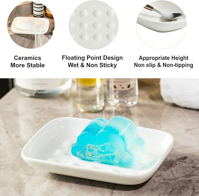 Soap Dish, Ceramic Soap Holder Shower Soap Dish for Bar Soap Sponge, Soap Saver Tray for Bathroom Kitchen Sink, White (Pack of 2)