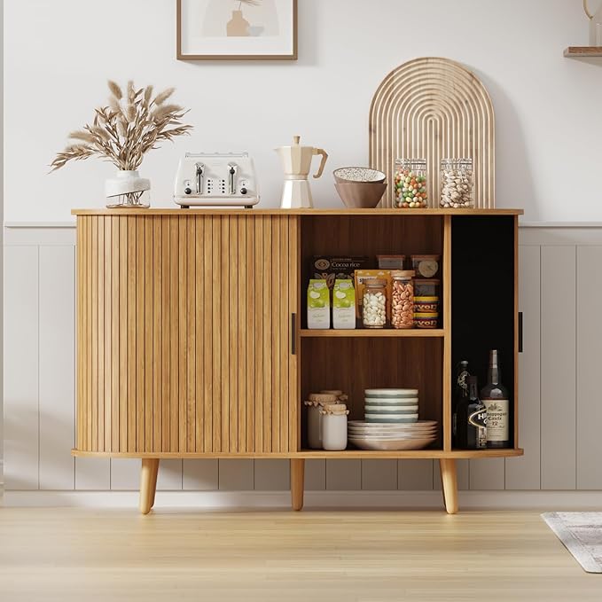 Fluted Sideboard Buffet Cabinet with Sliding Doors, Curved Edge Design for Dining Room Kitchen Living Room, Console Table Credenza with Storage (Natural)