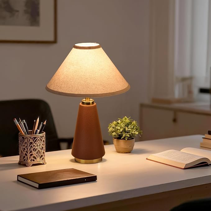 18.11 Inch Brown Table Lamp Set of 2, Farmhouse Table Lamps with Beige Fabric Shade, PU Leather for Kitchen Counter, Bedroom, Nightstand, Desk Lighting, Bookshelf, Living Room, Kids Dorm