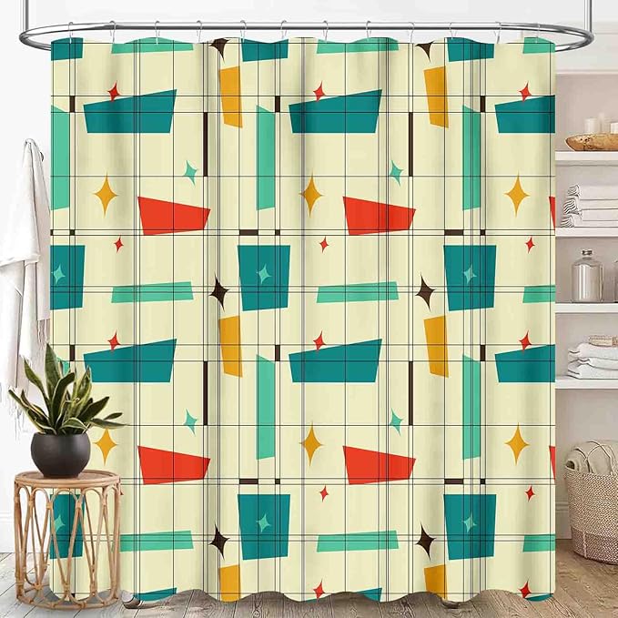 Geometric Shower Curtain for Bathroom, Pastel Mid Century Modern Abstract Geo Print Patterned Retro Style Teal Turquoise Waterproof Fabric Shower Curtain Set with Hooks, 72"x72" Inch