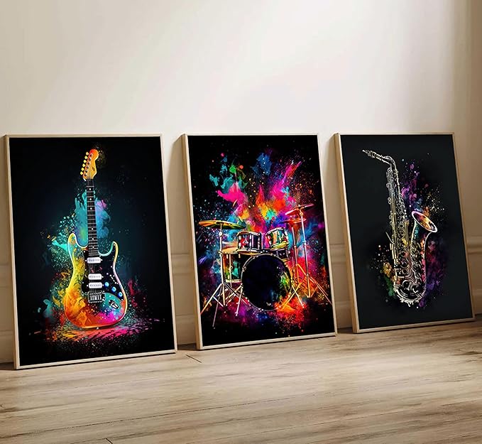 3pcs Musical Instrument Graffiti Canvas Wall Art Pop Music Instrument Style Posters Prints Rock Electric Guitar Jazz Drum Wall Decor Pictures for Living Room Bedroom Home Decoration Unframed