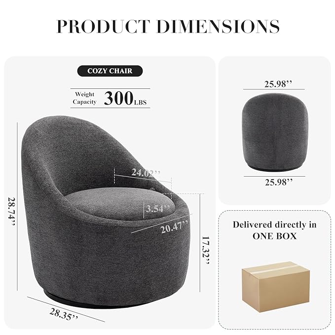 COLAMY Swivel Accent Chair, 360° Swivel Chair with Hidden Storage, Modern Small Barrel Swivel Armchair for Living Room/Bedroom, Dark Grey
