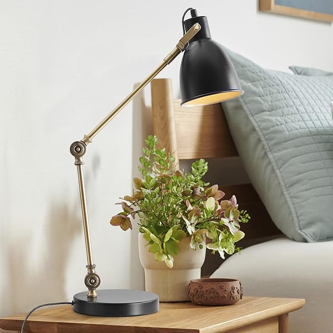 JONATHAN Y JYL6003A 24" Modern Metal Task Lamp, Adjustable Desk Lamp in Black and Brass Gold for Home Office, Reading, Contemporary Bedside Nightstand Lamp for Bedroom, Metal Shade, LED Bulb Included