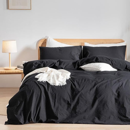 BESTOUCH Duvet Cover Set 100% Washed Cotton Linen Feel Super Soft Comfortable Chic Lightweight 3 PCs Home Bedding Set Solid Deep Black Alaska King