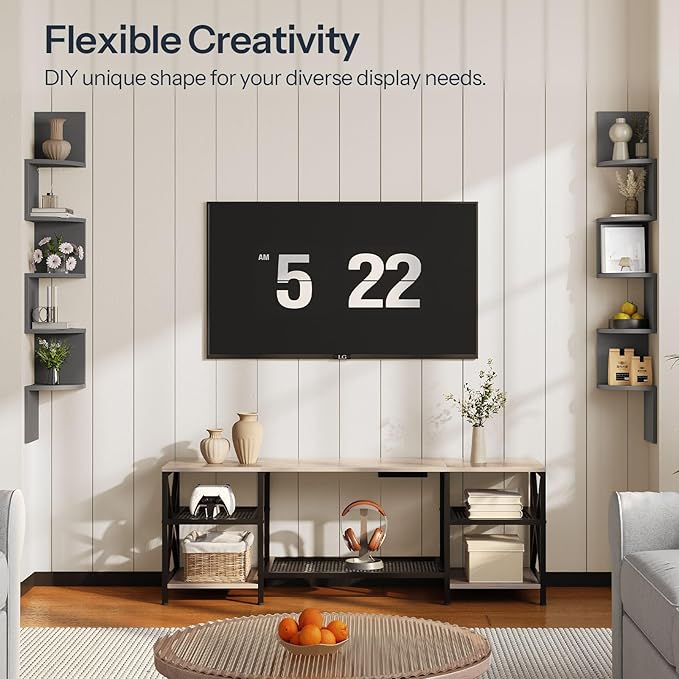HOOBRO Corner Shelf Wall-Mounted, Set of 2 Floating Corner Shelves, 5-Tier Bookshelves for Wall Decor in Living Room, Bedroom, Home Office, Dove Gray GY26BJP201