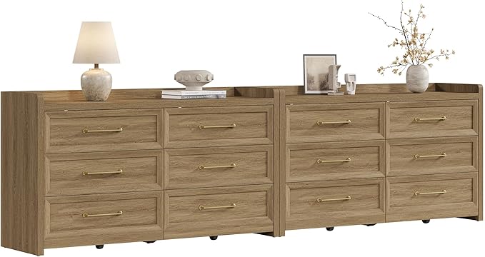SICOTAS 6 Drawer Dresser for Bedroom-112.8" Extra-Wide Wooden Chest of Drawers with Large Storage, Long Dresser TV Stand with Drawers, Mid Century Modern Closet Dressers for Nursery, Brown Oak, 2PCS