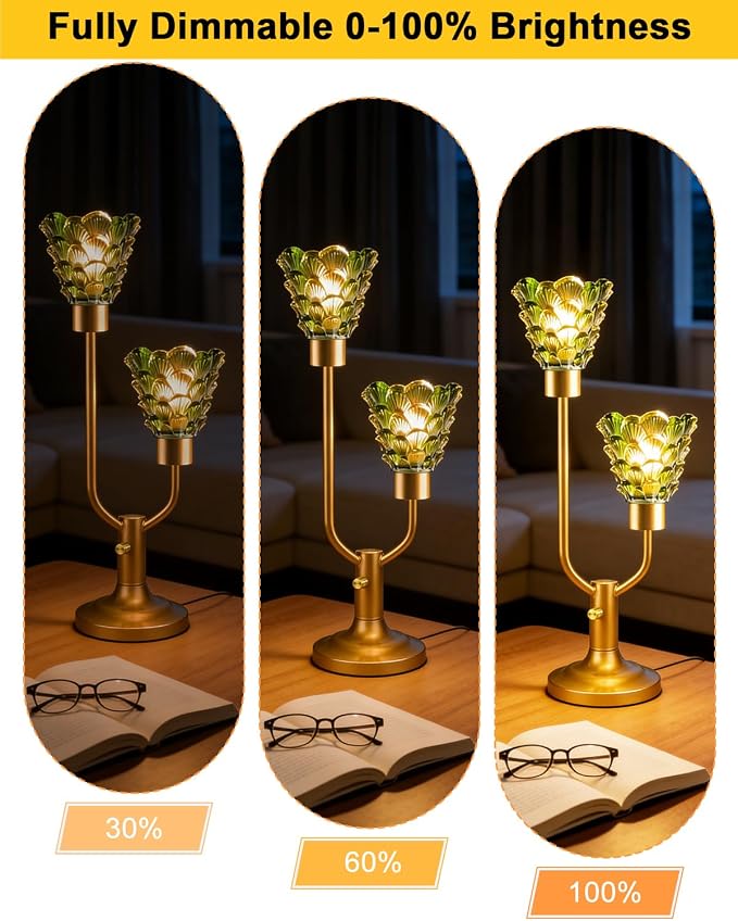 Lightdot Vintage Green Glass Table Lamp for Living Room Dimmable Mid Century Modern Desk Lamp Gold Nightstand Lamp 2 Bulbs Included Warmwhite Ambient Bedside Lamps for Bedroom Home Office Decor Gift