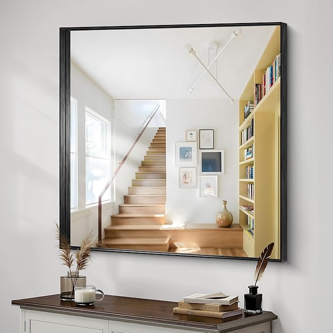 CIRCUMI Black Bathroom Mirror, 42"x42" Rectangular Mirror with Deep Metal Frame, Brushed Finish, Tempered Glass, Mirror for Wall, Oversink, Bedroom, Installed Vertically/Horizontally, Crystal-Clear