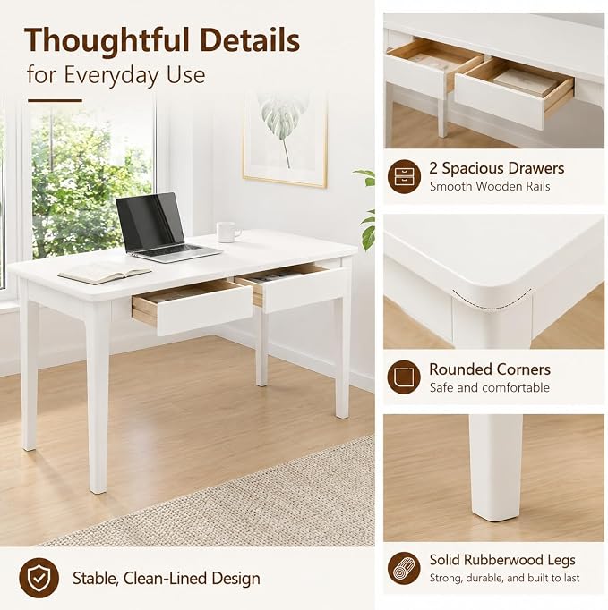 Mid Century Modern Desk with Drawers,39.4 inch Solid Wood White Writing Desk for Home Office Bedroom,Small Computer Desk for Spaces Easy Assembly