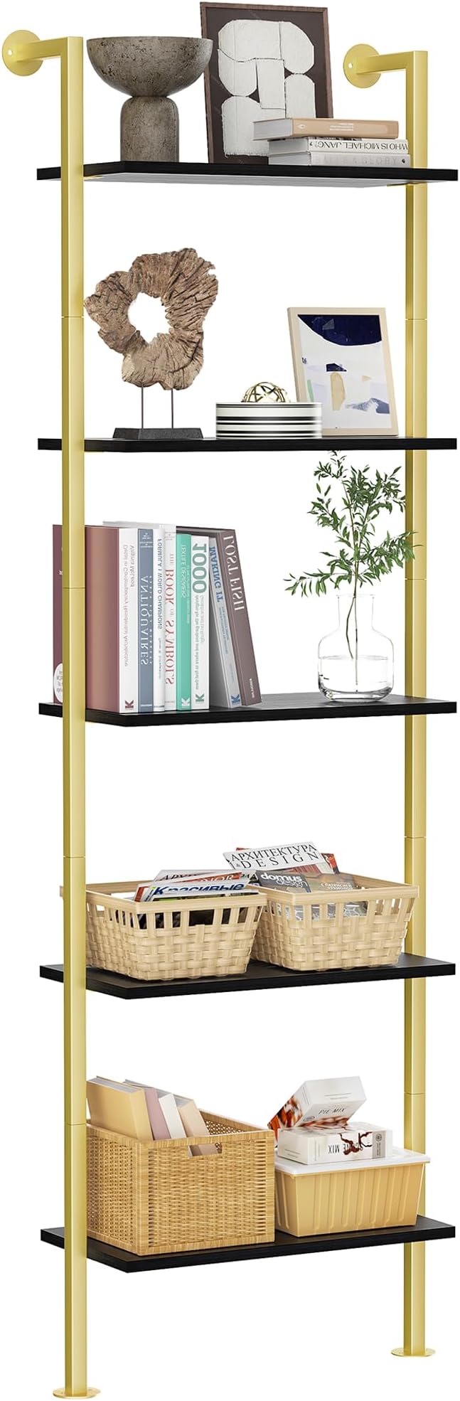 Acovy 5-Tier Bookshelf Solid Wood Ladder Shelf, Narrow Book Shelf Display Shelf, Wooden Bookcase, Wall Mount Ladder Shelf, Storage Rack for Living Room, Bedroom, Industrial Style, Black&Gold