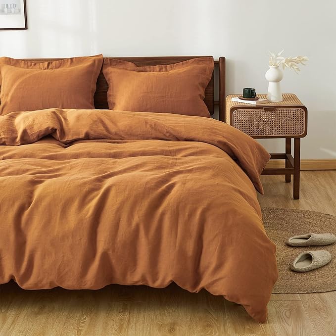Simple&Opulence 100% Linen Duvet Cover Set, 3 PCS Natural French Flax Rust Duvet Cover King Size, Breathable Soft Comfy Linen Bedding Comforter Cover with 2 Pillowcases(Rust, 104"x92")