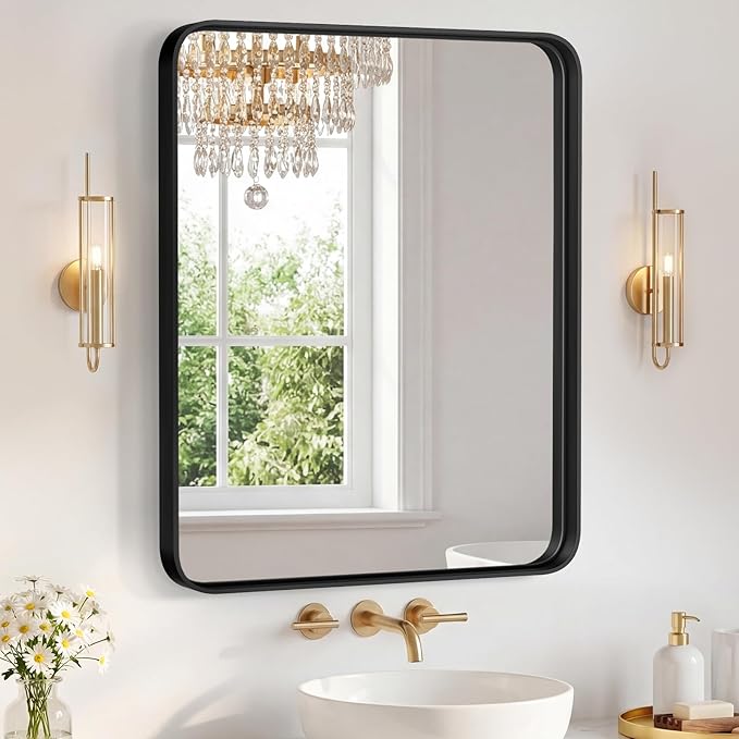 NEWBULIG 30X36 Inch Bathroom Mirror for Over Sink, Wall Vanity Mirrors Tempered Glass, Anti-Rust Metal Framed Rounded Rectangle, Hangs Horizontally or Vertically, Farmhouse Home Decor, Black