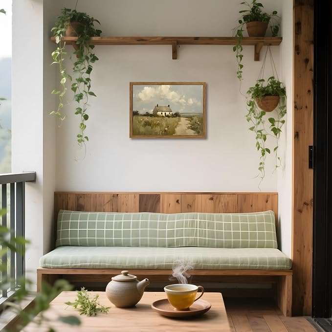Vintage Farmhouse Wall Art, Country Cottage Wall Decor Paintings, Framed 3D Textured Hand Drawn Sandstone Natural Countryside Landscape Artwork for Bedroom Living Room 16x24 inch Wood Frame