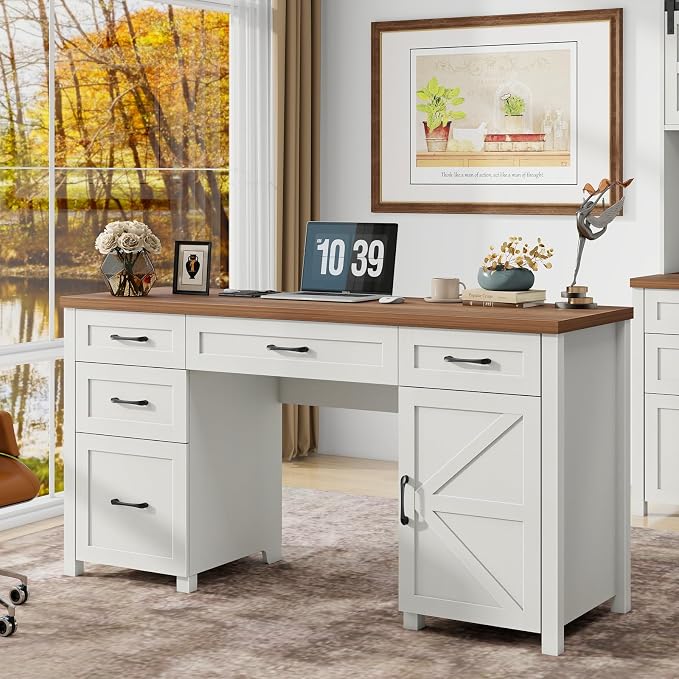 Vabches Farmhouse 61'' Executive Desk with 5 Drawers, Rustic Office Desk Computer Table with File Drawers and Storage Cabinet, Wood Workstation for Study and Home Office,(Unique White)
