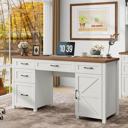 Vabches Farmhouse 61'' Executive Desk with 5 Drawers, Rustic Office Desk Computer Table with File Drawers and Storage Cabinet, Wood Workstation for Study and Home Office,(Unique White)